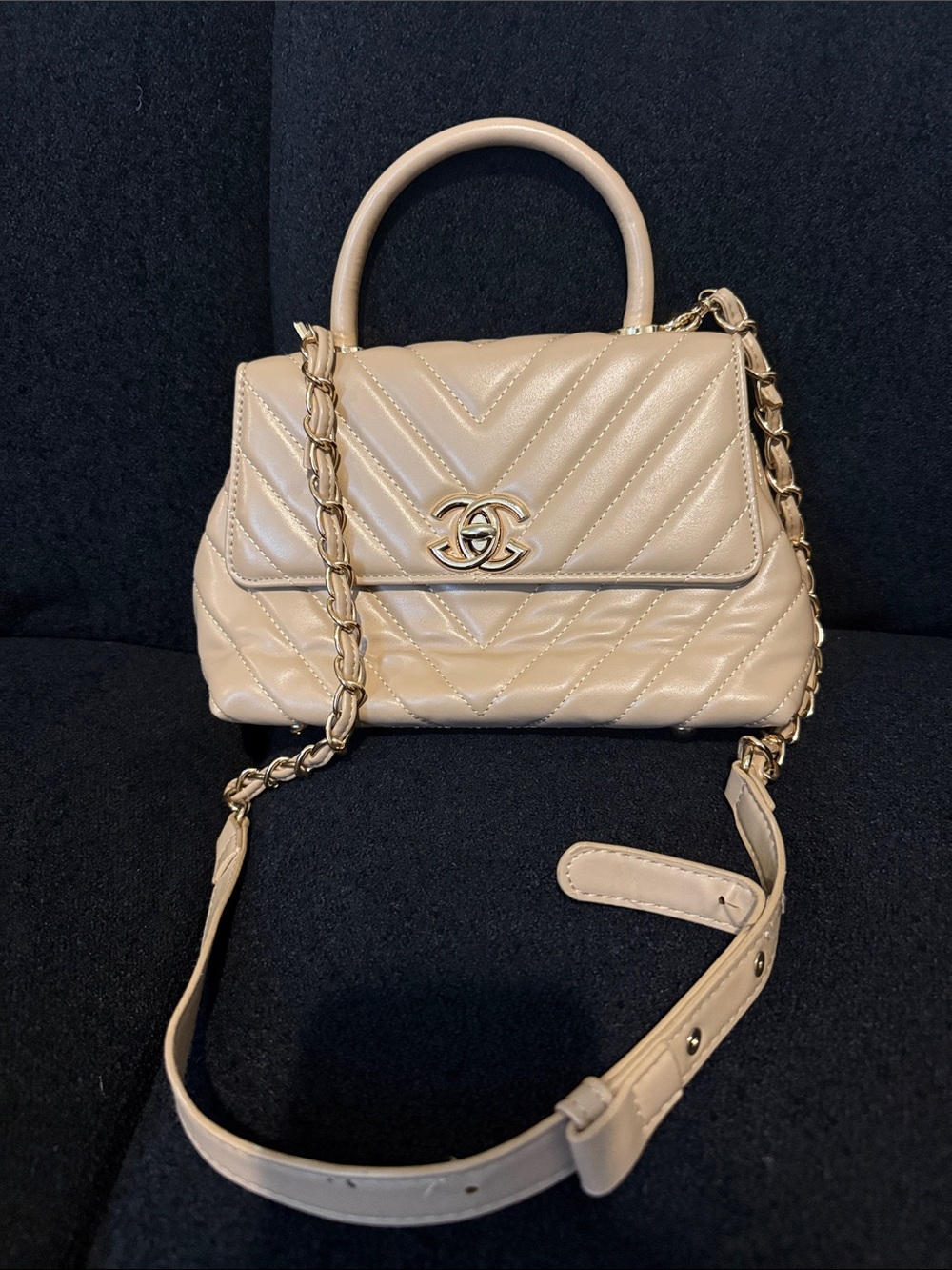 Beige Quilted Top-Handle Shoulder Bag with Gold Chain